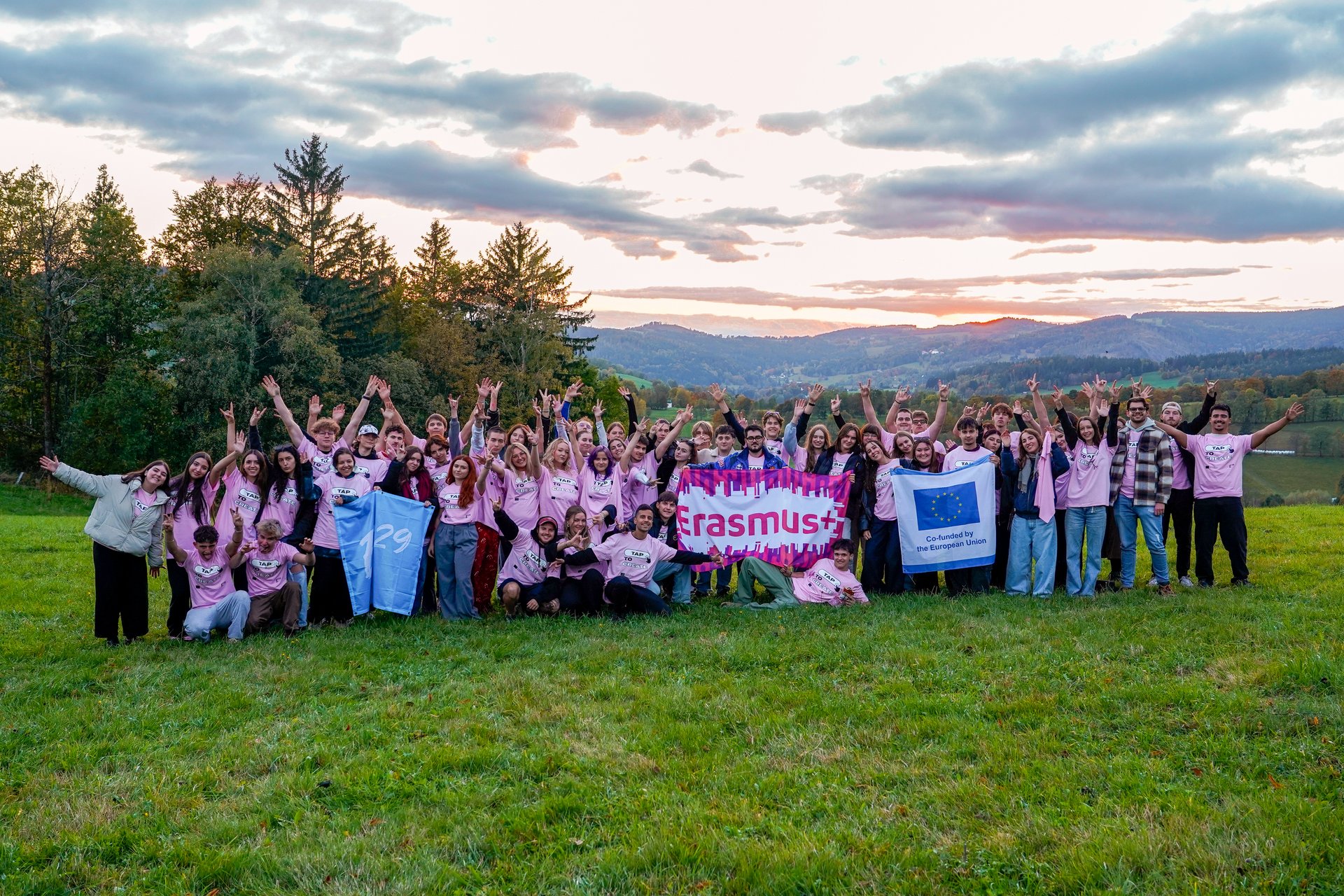 The whole group together at sunset