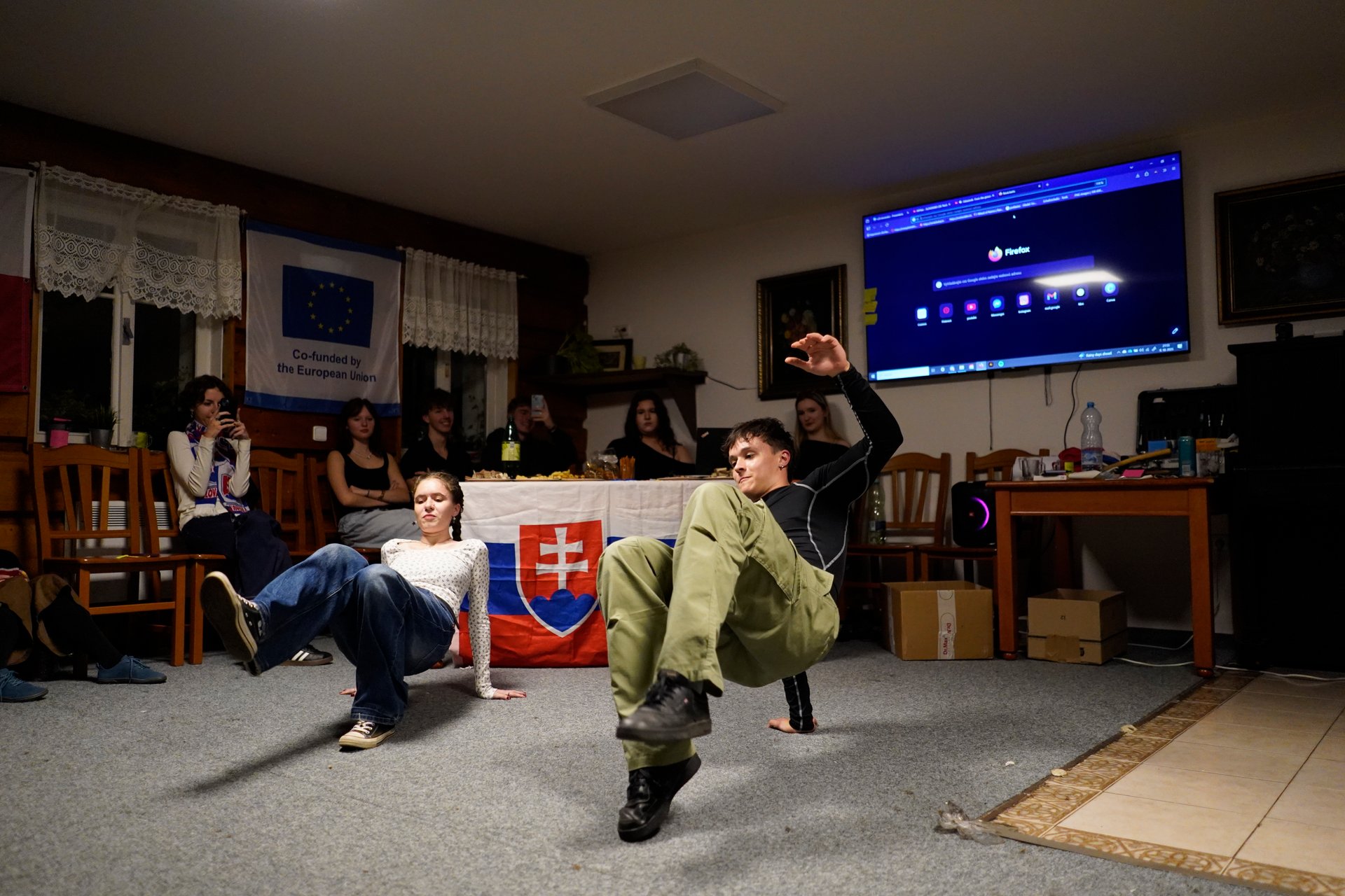 Bringing it home in front of the Slovak flag