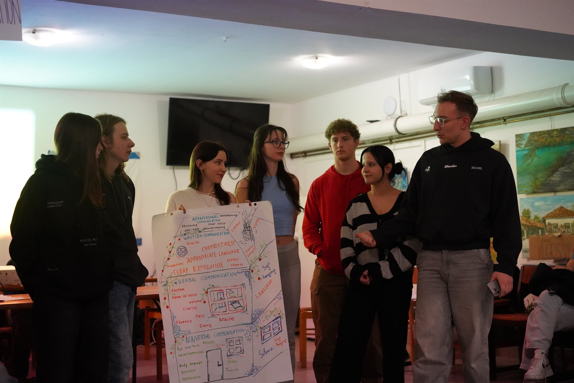 A team presenting their ideas on a hand-drawn poster