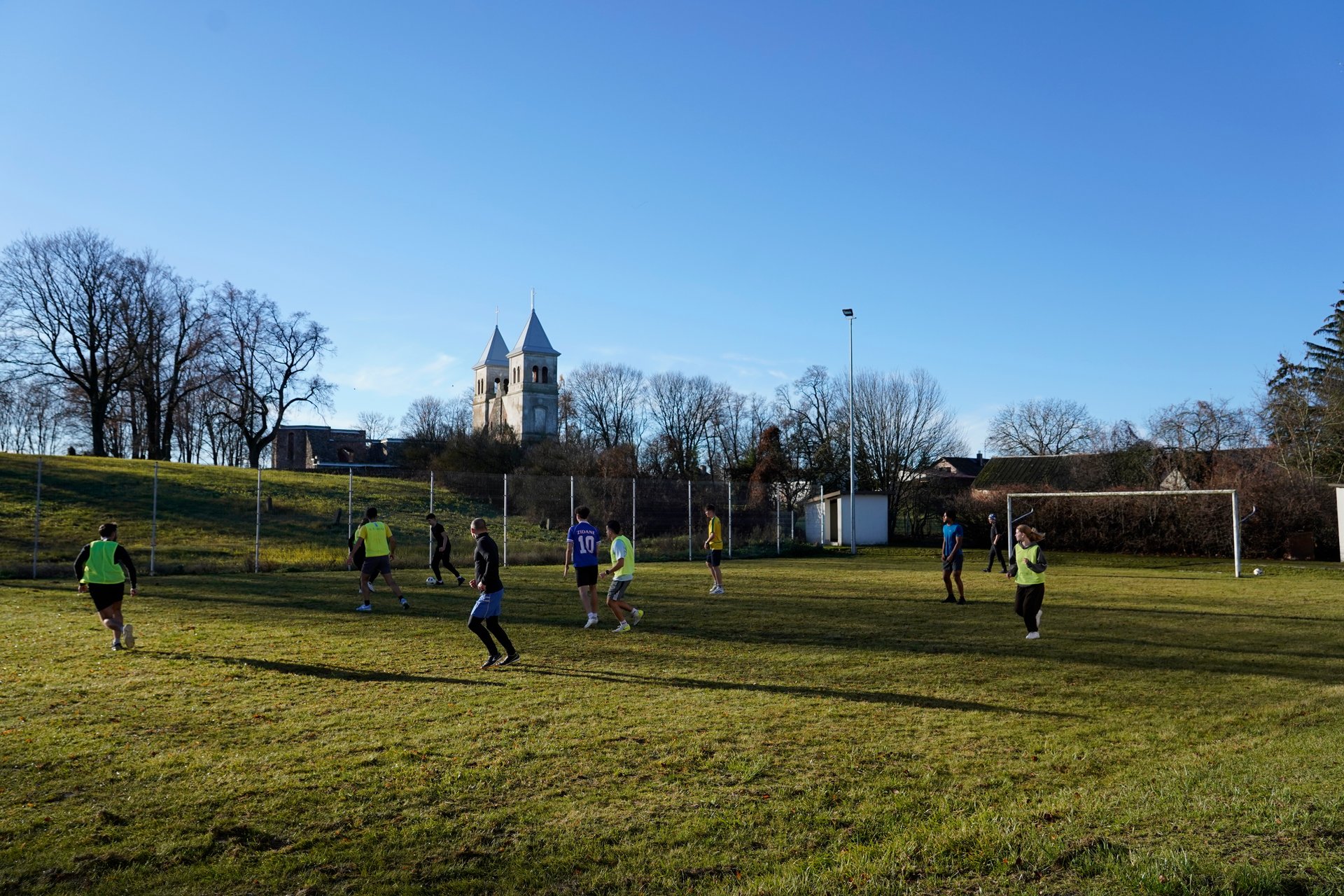 An afternoon football game on the field