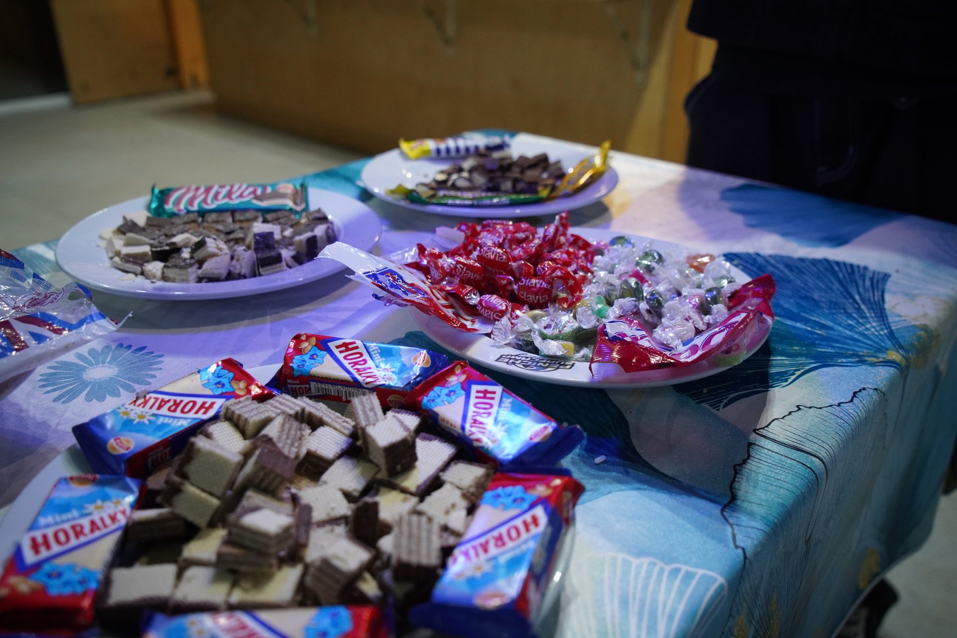 Slovak sweets and Horalky wafers laid out for the group
